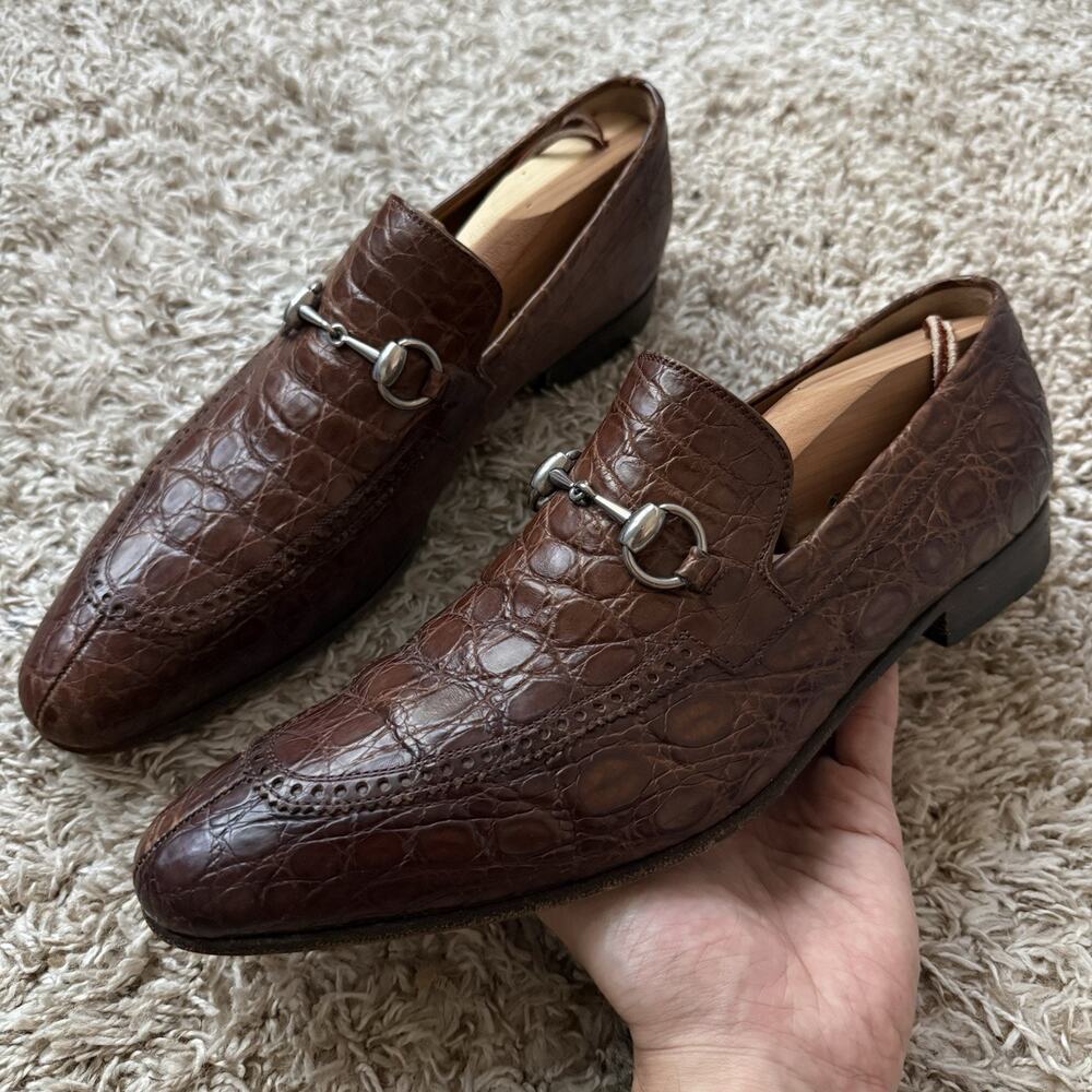 Vintage Gucci Crocodile Embossed Horsebit Leather Loafers Brown Men’s Size 9